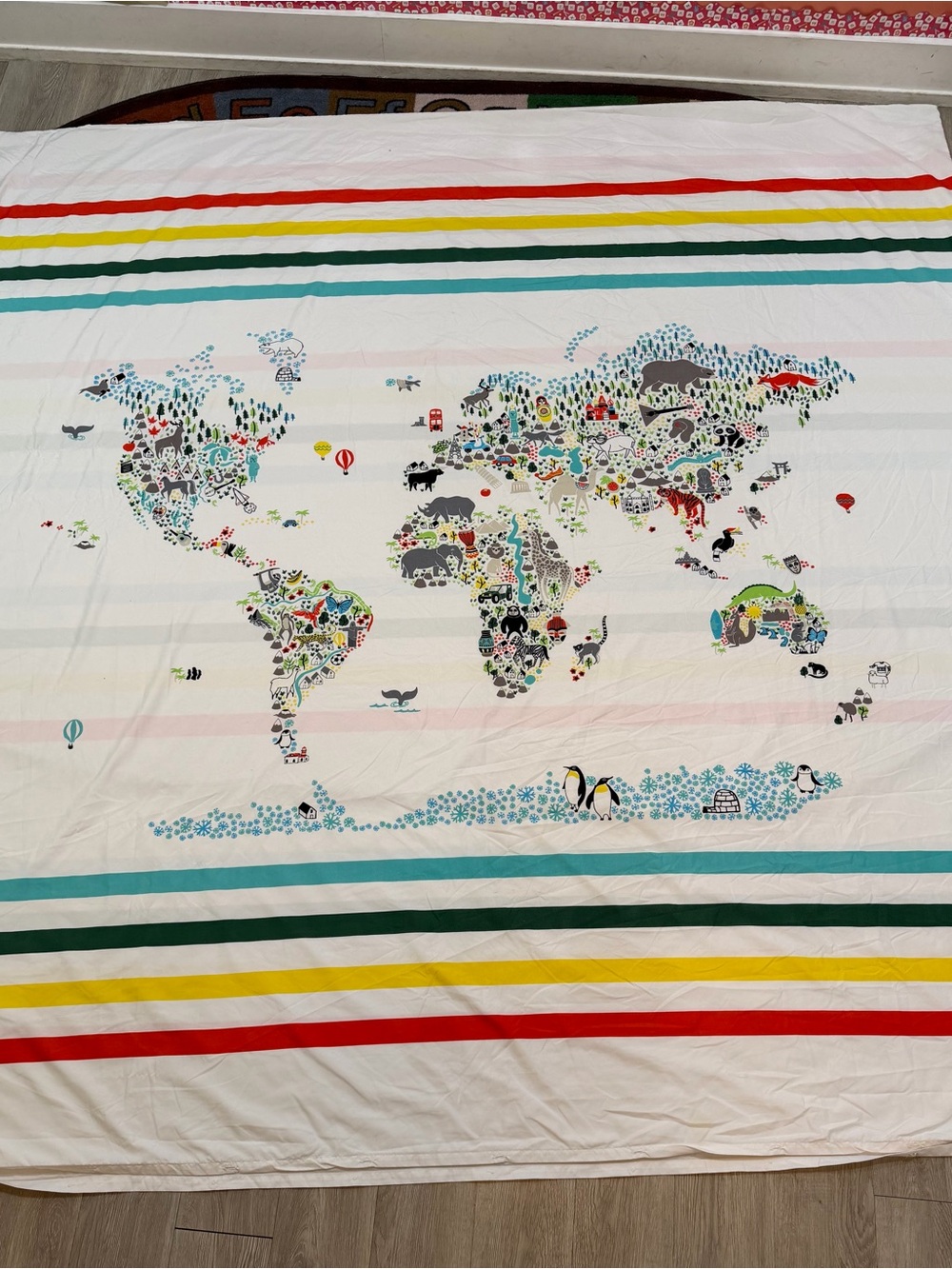 World Map Cotton Duvet Cover in White with Multicolor Stripes